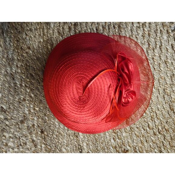 Red Straw Wide Down Brim Hat Flowers Net Feathers Satin Dome Adjustable Derby main image 6